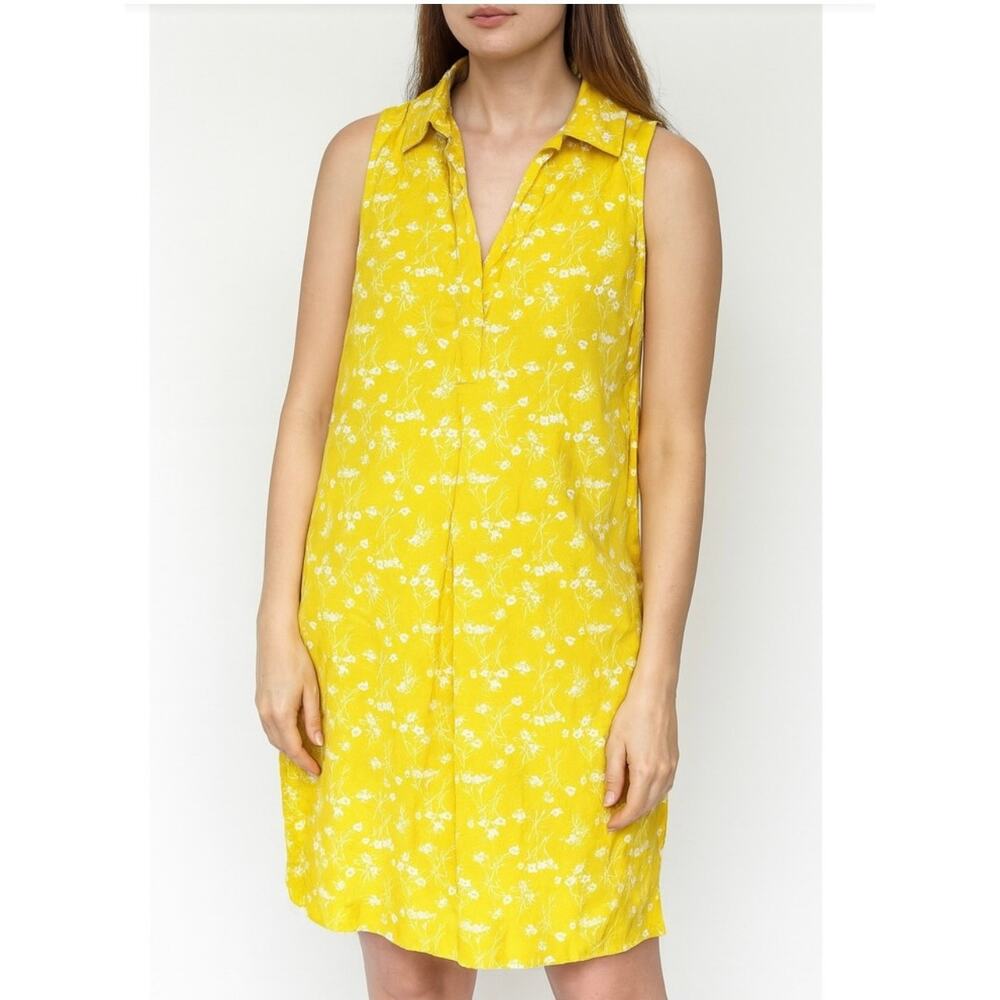 Cynthia Rowley Linen Shift Dress 10‎ Yellow White Floral Collared Pockets Breezy